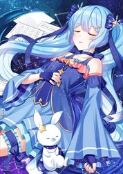  absurdres bare_shoulders blue_dress blue_hair blue_nails bridal_garter closed_eyes commentary constellation constellation_print cygnus_(constellation) detached_sleeves dotted_quarter_note dress eighth_note female fingerless_gloves flat_sign frilled_dress frills gloves hair_ornament hair_ribbon hairclip half_note hatsune_miku highres holding holding_wand jewelry layered_skirt light_blush musical_note nail_polish neck_ribbon parted_lips pendant pisces_(constellation) protected_link quarter_note rabbit rabbit_yukine ribbon scarf sharp_sign sheet_music shyaka skirt sky sleeping snowflake_hair_ornament snowflake_print space staff_(music) star_(sky) star_(symbol) star_hair_ornament star_print starry_background starry_sky striped striped_ribbon twinkle_twinkle_little_star vocaloid wand whole_rest yuki_miku yuki_miku_(2017) 