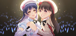  2girls beret blue_hair blush brown_hair capelet detached_sleeves fur_trim hat highres holding holding_hands holding_microphone interlocked_fingers long_hair long_sleeves looking_at_viewer love_live! love_live!_school_idol_project microphone mimori_suzuko multiple_girls real_life_insert smile snow_halation sonoda_umi sore_wa_bokutachi_no_kiseki unnik voice_actor 