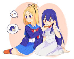  2girls :&gt; ? ?? adjusting_hair ange_(angeban93) averting_eyes bangs_pinned_back barefoot black_ribbon blonde_hair blue_cardigan blue_hair blue_sailor_collar blue_skirt blue_socks blush_stickers cardigan center_frills choker closed_mouth commentary_request confused dress flip_flappers food frilled_sleeves frills full_body hair_between_eyes hair_ornament hair_ribbon hairclip hand_up heart holding holding_food kneehighs kokomine_cocona long_hair long_sleeves looking_at_food looking_at_object medium_hair mimi_(flip_flappers) multicolored_hair multiple_girls neckerchief open_cardigan open_clothes orange_footwear parted_lips pink_eyes pink_hair pleated_skirt puffy_short_sleeves puffy_sleeves purple_eyes red_choker red_neckerchief ribbon sailor_collar school_uniform seiza serafuku short_sleeves sitting skirt smile socks spoken_character spoken_heart streaked_hair sweatdrop thought_bubble tsurime very_long_hair wavy_mouth white_dress wing_collar yayaka yokozuwari |_| 