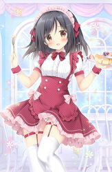  :d absurdres apron black_hair blush bow breasts brown_eyes center_frills collared_shirt commentary_request female food fork frilled_apron frilled_skirt frills hair_between_eyes hair_ornament hairclip hands_up heart heart_hair_ornament highres holding holding_fork korie_riko long_hair looking_at_viewer maid maid_headdress open_mouth original polka_dot polka_dot_apron polka_dot_skirt puffy_short_sleeves puffy_sleeves red_apron red_bow red_skirt shirt short_sleeves skirt small_breasts smile solo thighhighs white_shirt white_thighhighs 