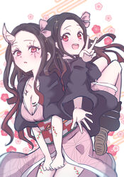  2girls :d black_hair black_jacket blush bow breasts cleavage clenched_hands collarbone demon_horns floating floral_background forehead giorgio_(yo_sumire_sola1) gradient_hair hairbow highres horns jacket japanese_clothes kamado_nezuko kimetsu_no_yaiba kimono long_hair long_sleeves looking_at_viewer multicolored_hair multiple_girls open_mouth parted_lips pink_bow pink_kimono print_kimono reaching reaching_towards_viewer red_eyes red_hair smile teeth upper_teeth_only v v_arms white_background 