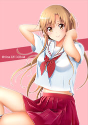  absurdres asuna_(sao) bad_id bad_pixiv_id braid brown_eyes brown_hair closed_mouth collared_shirt female floating_hair french_braid hair_between_eyes hair_intakes highres long_hair looking_at_viewer midriff miniskirt neckerchief pink_background pleated_skirt red_neckerchief red_skirt sailor_collar sailor_shirt school_uniform serafuku shirt short_sleeves sitting skirt smile solo stomach sword_art_online tina_(pixiv37050289) twitter_username very_long_hair white_sailor_collar white_shirt 