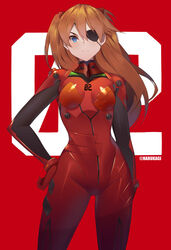  blue_eyes bodysuit breasts brown_hair closed_mouth commentary commission contrapposto cowboy_shot evangelion:_3.0_you_can_(not)_redo eyepatch female hand_on_own_hip harukagi headgear interface_headset legs_apart long_hair neon_genesis_evangelion pilot_suit plugsuit rebuild_of_evangelion red_bodysuit science_fiction serious solo souryuu_asuka_langley 