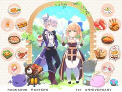  1boy :3 :q angeling arch_bishop_(ragnarok_online) ascot baguette basket black_footwear black_pants blonde_hair blue_eyes blue_sky blush boned_meat braid bread breasts broccoli cake castle center_frills cheese cleavage cleavage_cutout closed_mouth clothing_cutout cloud coat cocktail commentary_request cooking_pot cross cup curry deviling dress drinking_straw earrings eon_(greencastle) female food fork french_braid frilled_legwear frilled_shirt frills fruit full_body green_eyes grill hardboiled_egg high_heels highres holding holding_fork holding_plate holding_spoon ice_cream jewelry juliet_sleeves katsudon_(food) kebab large_breasts lemon lemon_slice lettuce lobster long_sleeves looking_at_viewer meat medium_hair mushroom onigiri onion open_clothes open_coat pants pink_hair plate pointy_ears puffy_sleeves purple_coat ragnarok_masters ragnarok_online sash sausage shirt short_hair sky slime_(creature) smile soup sparkle spoon spring_onion steak strawberry tea teacup teapot thighhighs tiered_tray tongue tongue_out twintails two-tone_dress vegetable waffle white_ascot white_dress white_headwear white_shirt white_thighhighs yellow_sash 