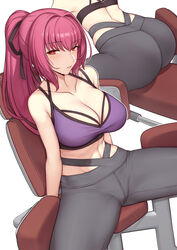  alternate_costume ass bare_shoulders black_ribbon breasts cleavage collarbone evan_yang exercise eyebrows_visible_through_hair fate/grand_order fate_(series) female gym hair_intakes high_ponytail highres large_breasts looking_at_viewer midriff muscle muscular_female pants ponytail purple_hair red_eyes ribbon scathach_(fate)_(all) skin_tight sports_bra spread_legs tank_top yoga_pants 