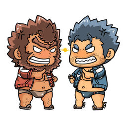  2boys anger_vein arguing bara beard blue_hair blush brown_hair chest_hair chibi chibi_only dark-skinned_male dark_skin facial_hair fins fish_boy full_body jacket jinn_(housamo) kemonosuke_(kmskths) leg_hair lowres male_focus male_swimwear multiple_boys muscular muscular_male navel pectoral_cleavage pectorals sharp_teeth short_hair sideburns swim_briefs teeth thick_eyebrows tokyo_afterschool_summoners track_jacket triton_(housamo) unibrow 