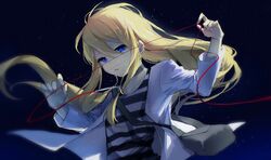  bag blonde_hair blue_eyes commentary_request dark_background female handbag highres jacket long_hair long_sleeves looking_at_viewer rachel_gardner satsuriku_no_tenshi shirt solo string string_of_fate striped_clothes striped_shirt upper_body white_jacket yukikohuang 