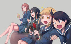  +_+ 4girls :d absurdres ahoge barefoot black_hair blonde_hair blue_eyes blue_skirt brown_eyes commentary cup glasses glint grey_background highres hodaka_natsumi holding holding_cup houkago_teibou_nisshi kuroiwa_yuuki long_hair multiple_girls necktie oerba_yun_fang oono_makoto opaque_glasses open_mouth peropicnic ponytail school_uniform short_hair sidelocks simple_background sitting skirt smile sparkle tsurugi_hina yellow_eyes 