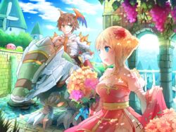  1boy :3 arch arch_bishop_(ragnarok_online) armor bird blonde_hair blue_eyes blue_sky blue_wings blush bouquet breastplate breasts brick_floor brown_hair cape chainmail cleavage cleavage_cutout closed_mouth clothing_cutout cloud commentary_request cone_hair_bun cross dragon dragon_riding dress eon_(greencastle) feet_out_of_frame female ferus_(ragnarok_online) flower food fruit garter_straps gauntlets grapes green_eyes green_flower hair_bun hair_flower hair_ornament head_wings holding holding_bouquet juliet_sleeves long_sleeves looking_at_another medium_breasts no_panties open_mouth orange_wings outdoors pauldrons pink_flower poporing poring puffy_sleeves purple_flower ragnarok_online railing red_cape red_dress riding rock rune_knight_(ragnarok_online) sash short_hair shoulder_armor sky slime_(creature) smile spiked_pauldrons stream thighhighs two-tone_dress two-tone_wings water white_dress white_thighhighs windmill wings yellow_flower yellow_sash 