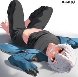  1boy barefoot bishounen black_gloves black_pants black_shirt blue_jacket eyelashes feet g1_(jjw00123) gloves grey_hair jacket knees_up kuga_yuuma looking_at_viewer lying male_focus navel on_back paid_reward_available pants red_eyes shirt short_hair solo spread_toes teeth toenails toes twitter_username world_trigger 