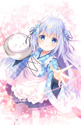  ama_usa_an_uniform apron arm_up black_ribbon blue_eyes blue_flower blue_hair blue_kimono blue_skirt blush checkered_clothes checkered_kimono commentary_request female floating_hair flower from_above gochuumon_wa_usagi_desu_ka? hair_between_eyes hair_flower hair_ornament hair_ribbon holding holding_plate japanese_clothes kafuu_chino kimono long_hair long_sleeves looking_at_viewer looking_up miniskirt mocha_(naturefour) open_mouth outstretched_hand pantyhose plate pleated_skirt ribbon skirt solo standing tippy_(gochiusa) very_long_hair white_apron white_pantyhose wide_sleeves x_hair_ornament 