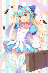  :d arm_up blonde_hair blue_bow blue_dress blue_gloves blue_hair blush bow brown_hair card club_(shape) commentary_request diamond_(shape) dress female fingerless_gloves frilled_bow frills gloves hair_between_eyes hairbow heart holding juliet_sleeves kuroe_(sugarberry) little_alice_(wonderland_wars) long_sleeves looking_at_viewer multicolored_hair open_mouth photoshop_(medium) pink_bow playing_card puffy_sleeves purple_hair smile solo spade_(shape) standing standing_on_one_leg star_(symbol) striped_clothes striped_thighhighs suitcase teeth thighhighs upper_teeth_only vertical-striped_clothes vertical-striped_thighhighs wide_sleeves wonderland_wars 