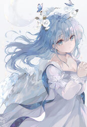  blue_eyes blue_hair blue_theme bug butterfly butterfly_on_head commentary cowboy_shot dress female floating_clothes floating_hair flower hair_flower hair_ornament hyatsu long_hair long_sleeves looking_at_viewer original own_hands_together parted_lips simple_background solo standing symbol-only_commentary veil white_background white_dress white_flower white_wings wings 