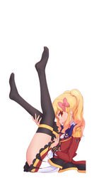  absurdres aikatsu!_(series) aikatsu_stars! bad_id bad_pixiv_id black_thighhighs blonde_hair blue_bow blue_bowtie bow bowtie brown_eyes chikuwa_udon epaulettes female from_side highres leg_up long_hair long_sleeves looking_at_viewer looking_to_the_side miniskirt nijino_yume open_mouth pink_hair pleated_skirt profile s4_uniform simple_background skirt solo thighhighs twintails white_background white_skirt zettai_ryouiki 