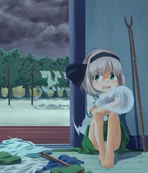  barefoot blunt_bangs bob_cut calcmis_gowa clothes clothesline cloud cloudy_sky commentary_request facing_viewer female green_eyes green_skirt green_vest grey_hair hair_ribbon highres indoors knees_up konpaku_youmu konpaku_youmu_(ghost) looking_to_the_side night on_floor open_mouth panties pantyshot pole ribbon self_hug shadow shirt short_hair short_sleeves sitting skirt sky solo tatami touhou tree trembling underwear veranda vest white_panties white_shirt 