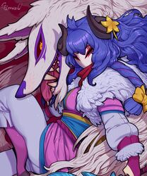  blue_hair body_fur commentary curled_horns english_commentary female flower fur_(clothing) goat_legs hair_between_eyes hair_flower hair_ornament highres horns japanese_clothes kindred_(league_of_legends) lamb_(league_of_legends) league_of_legends long_hair mask official_alternate_costume official_alternate_hairstyle sparrowl spirit spirit_blossom_(league_of_legends) spirit_blossom_kindred teeth tongue tongue_out white_fur wolf wolf_(league_of_legends) yellow_eyes 