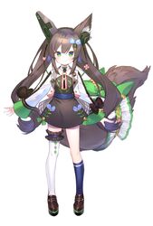  absurdres animal_ears cable chigusa_hana commentary_request female fox_ears fox_tail frills full_body green_eyes hair_ornament hairclip highres ibara_riato indie_virtual_youtuber jacket long_hair looking_at_viewer official_art ribbon simple_background single_thighhigh smile solo standing straight-on tail thighhighs virtual_youtuber white_background 