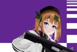  aa-12 aa-12_(girls&#039;_frontline) aa-12_(girls&#039;_frontline)_(cosplay) absurdres assault_rifle beret black_hat blue_eyes camouflage_hairband closed_mouth codename696 cosplay female girls&#039;_frontline gun hat highres holding holding_gun holding_weapon indie_virtual_youtuber irodori_mayoi jacket long_hair looking_at_viewer orange_hair rifle scar scar_on_face shotgun simple_background solo upper_body virtual_youtuber weapon white_jacket 