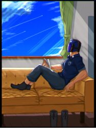  1boy air_raider_(edf) black_border book boots border contrail couch day earth_defence_force_5 earth_defense_force helmet highres indoors male_focus muscular muscular_male polo_shirt reclining sirobasira sky socks solo unworn_boots window 