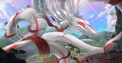  absurd_res amazing_background ambiguous_gender apode asian_mythology bodily_fluids capcom cherry_blossom closed_eyes cloud clover_studio colored crying day deity detailed detailed_background digital_media_(artwork) draconcopode east_asian_mythology elemental_manipulation eye_markings facial_markings feral feral_focus floating flower glistening glistening_body glistening_scales gold_(metal) group head_markings hi_res human iridescent iridescent_scales kemono landscape landscape_dwarfing larger_ambiguous larger_feral legless light lighting macro magic magic_user mammal markings mountain multicolored_body multicolored_scales mythology nuregami_(okami) okami_(capcom) outside plant portrait priest prunus_(flower) rainbow raining red_body red_markings red_ribbon red_scales reptile ribbons river scales scalie sculpture serpentine shaded size_difference sky smaller_ambiguous smaller_human snake snout solo_focus statue sunlight tears three-quarter_portrait tiangou torii tree two_tone_body two_tone_scales village water water_manipulation white_body white_scales 