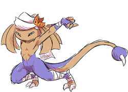  2016 ambiguous_gender anthro blue_body blue_skin brown_body brown_hair brown_skin claws closed_eyes front_view generation_2_pokemon hair headdress headgear heel_claw hitmontop kassi_nalani leg_wraps nintendo pokemon pokemon_(species) pseudo_hair scalie shellyochunks solo stretching tales_of_tabira tiptoes toe_claws trans_(lore) trans_woman_(lore) wraps wrist_wraps 