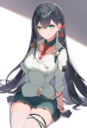  absurdres bad_id bad_pixiv_id black_gloves black_hair bow braid breasts closed_mouth collarbone earrings female gloves green_eyes green_hair green_skirt hair_between_eyes hairbow half_gloves highres jacket jewelry large_breasts lin_(tower_of_fantasy) looking_at_viewer multicolored_hair necktie pleated_skirt red_bow red_necktie revision rikoma simple_background skirt smile solo streaked_hair thighhighs tower_of_fantasy white_background white_jacket white_thighhighs 