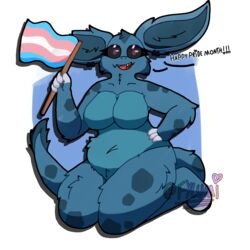  1:1 alpha_channel anthro belly biped black_sclera blue_body blue_ears blue_fur blue_tail breasts claws english_text eyelashes eyeshadow featureless_breasts female flag flag_(object) fur fur_markings fylumi generation_1_pokemon hi_res holding_flag holding_object lgbt_pride lgbt_pride_month lilya_teh_nida looking_at_viewer makeup markings multicolored_body multicolored_ears multicolored_fur navel nidorina nintendo nude paws pokemon pokemon_(species) pride_color_flag pride_colors purple_eyes signature slightly_chubby solo spots spotted_body spotted_fur spotted_markings spotted_tail tail tail_markings tail_tuft text trans_(lore) transgender_pride_colors tuft two_tone_body two_tone_ears two_tone_fur two_tone_tail white_claws 