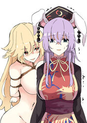  2girls :d alternate_eye_color animal_ears arms_behind_back bad_id bad_twitter_id black_dress blonde_hair blue_eyes blush bondage bondage bondage bound box_tie breast_press breasts clothed_female_nude_female commentary_request cosplay cowboy_shot crescent deetamu dress empty_eyes femdom groin hair_between_eyes hat highres junko_(touhou) junko_(touhou)_(cosplay) large_breasts leaning_forward leaning_on_person long_hair looking_at_another looking_at_viewer multiple_girls nude open_mouth orange_hair purple_hair rabbit_ears rabbit_girl rabbit_tail red_eyes reisen_udongein_inaba rope scared smile tabard tail tears touhou trembling very_long_hair you_gonna_get_raped yuri 