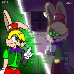  1:1 anthro art_improvement belt belt_buckle blonde_hair bottomwear bow_tie buckle buckteeth clothing coffee_mug container cup darlan_bunnit darli_buni dialogue different_artstyle domestic_rabbit duo dutch_rabbit english_text gloves green_clothing green_eyes green_shirt green_topwear green_vest hair handwear hi_res lagomorph leporid male mammal mug oryctolagus pants past_and_present past_meets_present prosthetic prosthetic_arm prosthetic_limb rabbit red_bottomwear red_clothing red_pants shaded shirt square_crossover teeth text topwear vest whiskers white_clothing white_gloves white_handwear 