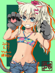  animal_ears animal_hands artist_logo bandeau bare_shoulders bikini blonde_hair blue_bikini cat_ears cat_tail cowboy_shot denim denim_shorts female flat_chest flower gloves grecale_(kancolle) grecale_(swimsuit_mode)_(kancolle) green_background green_eyes grin hair_flower hair_ornament hairclip halterneck highres kantai_collection looking_at_viewer multicolored_bandeau multicolored_bikini multicolored_clothes navel no_shirt official_alternate_costume one-hour_drawing_challenge open_fly paw_gloves shizuwa_akira shorts side_ponytail smile solo stomach swimsuit tail two-tone_background 