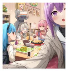  5girls a.i._voice acoustic_guitar blonde_hair blue_eyes blue_hair blush blush_stickers book border cake cardigan christmas christmas_ornaments christmas_tree clock closed_mouth commentary cooking cup drink drinking_glass drooling food grey_serafuku guitar hair_between_eyes holding holding_food instrument kizuna_akari kizuna_akari_(tsubomi) kotonoha_akane kotonoha_aoi long_hair long_sleeves multiple_girls open_cardigan open_clothes open_mouth overalls party_popper pink_hair puffy_short_sleeves puffy_sleeves purple_eyes purple_hair red_eyes sailor_collar school_uniform serafuku short_hair short_sleeves siblings sisters sora_no_tori stuffed_animal stuffed_toy takoyaki takoyaki_pan teddy_bear tongue tongue_out tsurumaki_maki vocaloid voiceroid white_border white_cardigan white_hair white_sailor_collar yuzuki_yukari yuzuki_yukari_(shizuku) 