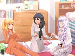  3girls :d ahoge aqua_scrunchie bedroom black_hair blonde_hair blue_eyes blush braid braided_ponytail closed_eyes collared_shirt dress dress_shirt eating food futon ganaha_hibiki grey_hair grey_sweater hair_between_eyes hair_ornament hair_over_shoulder hair_scrunchie high_ponytail holding hood hood_down hooded_sweater hoshii_miki ice_cream idolmaster idolmaster_(classic) indoors james_(jms-pnt) kneeling long_hair long_sleeves multiple_girls oerba_yun_fang open_mouth orange_pants orange_shirt overalls pajamas pants ponytail profile project_fairy_(idolmaster) scrunchie shijou_takane shirt sleepover smile sweater sweater_dress very_long_hair white_shirt wing_collar 