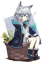  absurdres animal_ear_fluff animal_ears arknights black_footwear black_gloves black_jacket blush book boots character_name colored_eyelashes commentary_request dress female fingerless_gloves full_body gloves green_eyes grey_hair highres jacket looking_at_viewer open_clothes open_jacket parted_lips rosmontis_(arknights) ryu_(17569823) single_glove sitting solo tail white_background white_dress 