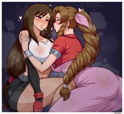  2girls abs absurdres aerith_gainsborough after_kiss ass blush braid braided_ponytail breasts brown_hair couple crop_top earrings eye_contact final_fantasy final_fantasy_vii heart highres huge_breasts jewelry lips long_hair looking_at_another multiple_girls red_eyes saliva saliva_trail simmsy sweat thick_thighs thighs tifa_lockhart toned very_long_hair yuri 