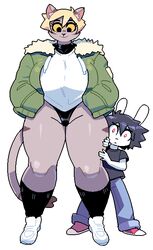  anthro big_breasts bottomless breasts clothed clothing domestic_cat duo felid feline felis female jacket lagomorph larger_female leporid male male/female mammal newtype_hero paula_(newtype_hero) rabbit rob_(newtype_hero) size_difference smaller_male thick_thighs topwear 