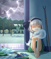  ^^^ barefoot blunt_bangs bob_cut calcmis_gowa closed_eyes clothes clothesline cloud cloudy_sky commentary_request female green_skirt green_vest grey_hair hair_ribbon highres indoors knees_up konpaku_youmu konpaku_youmu_(ghost) lightning night on_floor open_mouth panties pantyshot pole ribbon scared self_hug shadow shirt short_hair short_sleeves sitting skirt sky solo tatami touhou tree trembling underwear veranda vest white_panties white_shirt 