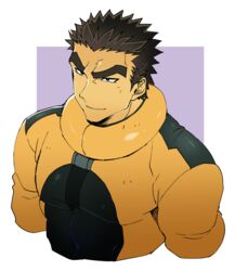  1boy akihiro_altland alternate_costume bara black_eyes black_hair cropped_torso dark-skinned_male dark_skin ezaki_papiko gundam gundam_tekketsu_no_orphans highres male_focus muscular muscular_male pectorals short_hair simple_background solo thick_eyebrows upper_body 