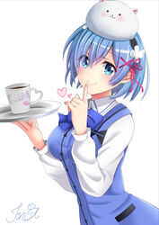  absurdres animal_on_head bad_id bad_pixiv_id black_hairband blue_eyes blue_hair blue_vest character_name closed_mouth coffee collared_shirt commentary_request cosplay cup female finger_to_mouth flower gochuumon_wa_usagi_desu_ka? hair_between_eyes hair_flower hair_ornament hair_ribbon hairband heart highres holding holding_plate index_finger_raised kafuu_chino kafuu_chino_(cosplay) long_sleeves looking_at_viewer minase_inori on_head plate rabbit rabbit_house_uniform rabbit_on_head re:zero_kara_hajimeru_isekai_seikatsu red_ribbon rem_(re:zero) ribbon shirt short_hair shushing signature simple_background smile solo teacup tina_(pixiv37050289) tippy_(gochiusa) upper_body vest voice_actor_connection white_background white_flower white_shirt wing_collar x_hair_ornament 