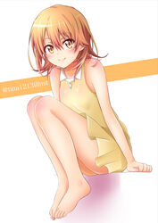  absurdres aged_down barefoot blush brown_hair closed_mouth dress feet female full_body hair_between_eyes highres isshiki_iroha looking_at_viewer pleated_dress short_dress short_hair sitting sleeveless sleeveless_dress smile solo sweater tina_(pixiv37050289) twitter_username white_background yahari_ore_no_seishun_lovecome_wa_machigatteiru. yellow_dress yellow_sweater 