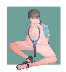  1boy absurdres black_hair blue_background commentary full_body hair_between_eyes highres hoshiai_no_sora katsuragi_maki looking_at_viewer male_focus racket shoes short_sleeves shorts simple_background sitting sneakers solo sportswear tennis_racket white_shorts zebra_(1298007521) 