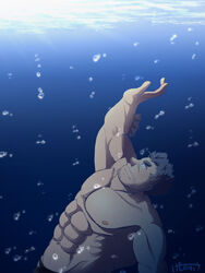  1boy abs air_bubble arm_up bara beard black_male_swimwear blue_eyes blue_hair bubble facial_hair fins fish_boy freediving from_side highres kemonosuke_(kmskths) large_pectorals looking_up male_focus male_swimwear mature_male muscular muscular_male navel nipples pectorals short_hair smile solo stubble sunlight swim_briefs tokyo_afterschool_summoners topless_male triton_(housamo) underwater 