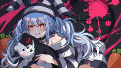  :q blood blue_hair blush carrot-shaped_pillow chains chocho_(homelessfox) choker collar collarbone commentary danganronpa_(series) female hat holding hololive long_hair long_sleeves looking_at_viewer metal_collar monokuma off_shoulder pink_blood prison_clothes red_eyes shirt smile solo striped_clothes striped_shirt stuffed_animal stuffed_toy tongue tongue_out usada_pekora usada_pekora_(prisoner) virtual_youtuber 