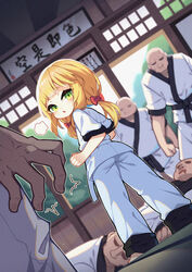  5boys absurdres ass bald belt black_belt blonde_hair borrowed_character bow clenched_hands dojo dougi faceless faceless_male female from_behind green_eyes hairbow highres karate karate_gi kotoba_(1074421015) lolicon long_hair looking_back low_twintails martial_arts martial_arts_belt multiple_boys original pants ribbon shirt twintails white_belt white_pants white_shirt 