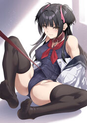  animal_collar black_hair black_thighhighs blue_shirt blunt_bangs bondage brown_eyes cameltoe collar covered_nipples female hair_ribbon highleg highleg_swimsuit highres indoors jacket kanata_(kanata_onion) leash leash_pull light_frown long_hair looking_at_viewer neckerchief no_shoes original pink_ribbon red_neckerchief removing_jacket ribbon school_swimsuit shirt sitting sleeveless sleeveless_shirt soles solo sweat swimsuit swimsuit_under_clothes thighhighs two_side_up white_jacket 