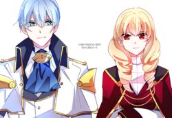  1boy aqua_eyes bad_id bad_twitter_id black_background blonde_hair blue_hair blue_neckwear breasts cape collar copyright_name drill_hair erika_wagner female hair_between_eyes height_difference jacket londrekia_light long_hair looking_at_another red_eyes s2cikn_(yuzu) shoulder_pads smile standing twin_drills twintails under_night_in-birth uniform white_hair white_jacket 