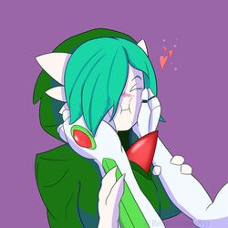  1:1 2021 amber_(reapcreates831) closed_eyes clothing cybernetic_limb duo face_squish female gardevoir generation_3_pokemon hair hair_over_eye hands_on_arms heart_symbol hi_res hoodie julienne_(reapcreates831) nintendo not_furry one_eye_obstructed pokemon pokemon_(species) purple_background reapcreates831 scar signature simple_background smile squish topwear turquoise_hair watermark 