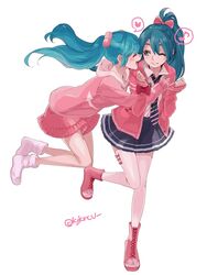  2girls arrow_print blue_hair bow closed_eyes commentary dual_persona eighth_note full_body hair_ornament hairbow hands_up hatsune_miku heart high_fever_(module) highres hug lady-ichiko leg_up long_hair looking_at_viewer miniskirt multiple_girls musical_note necktie one_eye_closed open_mouth pill pink_skirt pink_sweater ponytail project_diva_(series) ribbon_girl_(module) shirt skirt sleeves_past_wrists slow_motion_(vocaloid) smile socks spoken_heart spoken_musical_note standing striped striped_necktie sweater thighhighs twintails twitter_username vocaloid white_legwear white_shirt 