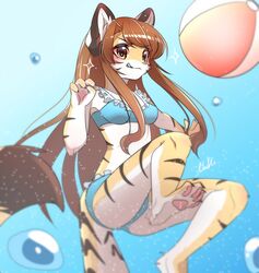  2021 4_fingers 4_toes anthro ball beach_ball bikini blush breasts brown_body brown_fur brown_hair claws clothing digital_media_(artwork) feet felid female female_anthro finger_claws fingers frilly frilly_clothing fur hair hi_res inflatable inner_ear_fluff kemono konatsu-chan long_hair mammal multicolored_body multicolored_fur multicolored_tail nachiwanko pantherine pawpads paws pink_nose signature smile smirk soles solo swimwear tail tan_body tan_fur teeth tiger toe_claws toes tuft water white_body white_fur yellow_eyes 