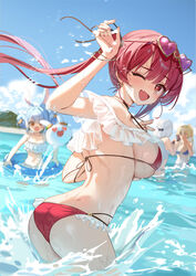  4girls ;d animal_ears arm_up ass back beach bikini blonde_hair blue_hair blue_sky blurry blurry_background bracelet breasts cloud day earrings eyewear_on_head floating_hair from_behind halterneck heart heart-shaped_eyewear heart-shaped_pupils heart_earrings highres hololive hololive_fantasy houshou_marine innertube jewelry large_breasts long_hair looking_back multiple_girls one_eye_closed open_mouth outdoors pekomon_(usada_pekora) rabbit_ears rabbit_girl red_bikini ruiuncle shiranui_flare shirogane_noel sky smile splashing strap_gap string_bikini sunglasses swim_ring swimsuit symbol-shaped_pupils twintails usada_pekora virtual_youtuber wading water wet white_hair 