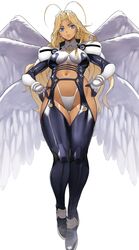  absurdres angel angel_wings antenna_hair armor bastard!! black_footwear blonde_hair blue_eyes bodysuit breasts closed_mouth clothing_request commentary_request dark-skinned_female dark_skin feathered_wings female full_body hands_on_own_hips highleg highleg_panties highres lips long_hair looking_at_viewer medium_breasts michael_(bastard!!) multiple_wings navel panties seraph shoulder_armor simple_background solo thigh_gap underwear very_long_hair white_armor white_background white_panties white_wings wings yoshio_(55level) 